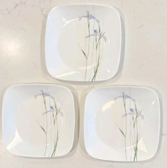 3 Corelle Shadow Iris Square 9" Plates Luncheon Salad Corning Purple Flowers - Picture 2 of 3